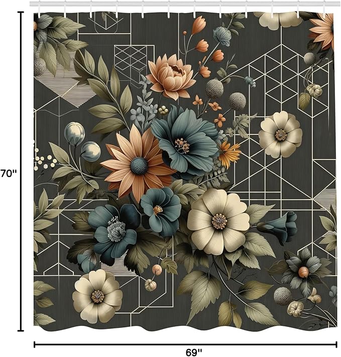 Ambesonne Floral Shower Curtain, Abstract Mysterious Flowers Bouquet with Symmetric Lines on Dark Backdrop, Cloth Fabric Bathroom Decor Set with Hooks, 69" W x 70" L, Dark Teal Peach Camel