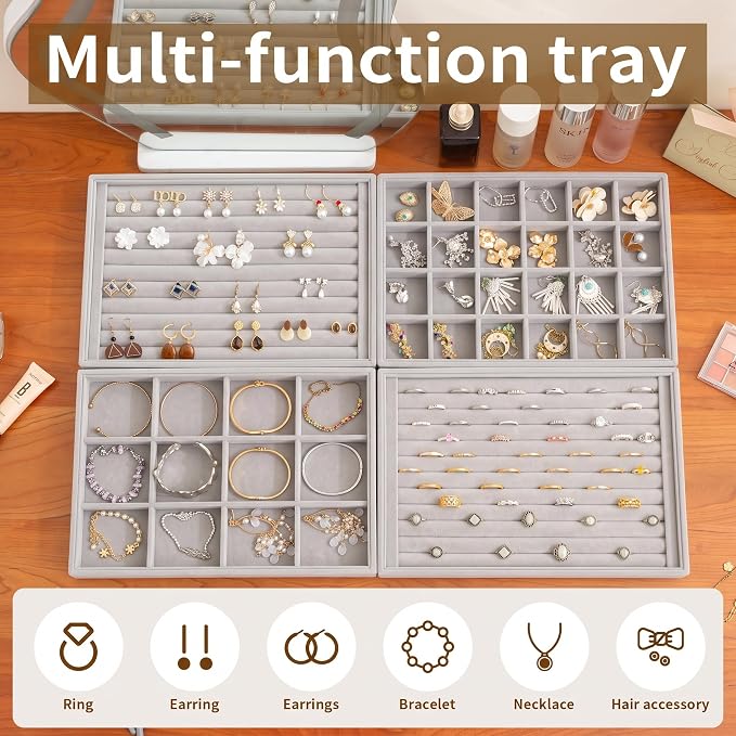 Frebeauty Jewelry Trays for Drawer,Set of 2 Jewelry Organizer and Storage | Velvet Material,Stackable,Adjustable Dividers,Drawer Inserts for Rings Studs Bracelet,Earring Organizer for Women Girls