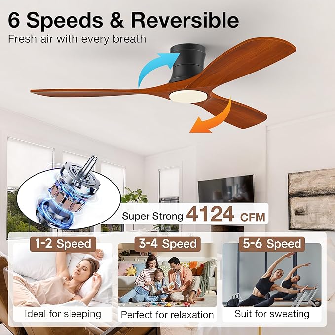 Hoenofly 52” Smart Wood Flush Mount Ceiling Fans with Lights Remote,Quiet DC Motor,Outdoor Indoor Low Profile Ceiling Fan,Voice Contorl with WIFI Alexa App Control,Modern fan for Bedroom Patio