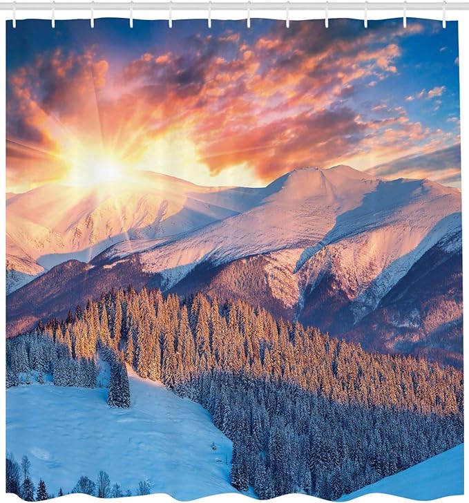 Ambesonne Mountain Shower Curtain, Mountain View with Colorful Winter Sunrise on The Top Nature Art, Cloth Fabric Bathroom Decor Set with Hooks, 69" W x 70" L, Yellow White