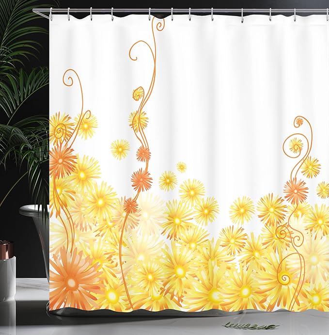 Ambesonne Yellow Shower Curtain, Curling Yellow Gerbera Flowers Botanical Ivy Nature Pattern Illustration, Cloth Fabric Bathroom Decor Set with Hooks, 69" W x 84" L, Yellow Brown