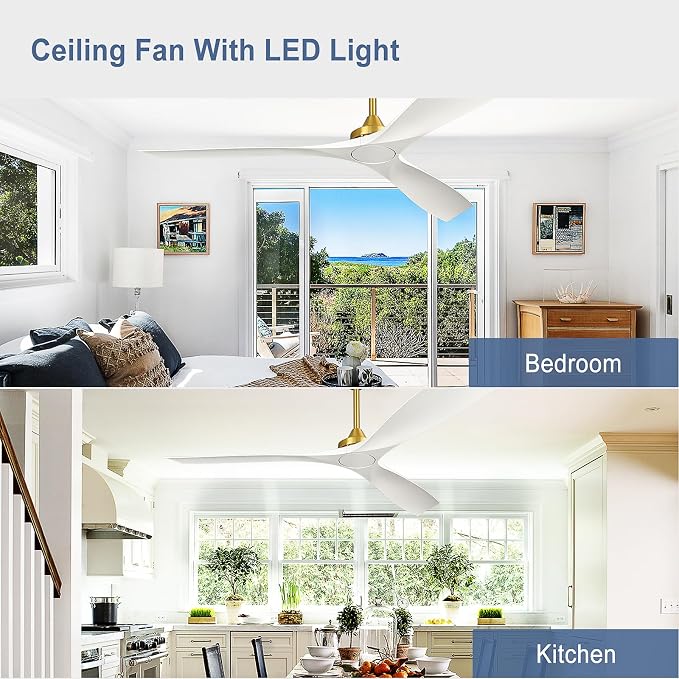 Modern Ceiling Fan with Remote: White and Gold Ceiling Fans 3 Blades - 60 Inch Ceiling Fan No Light for Covered Outdoor Living Room Bedroom