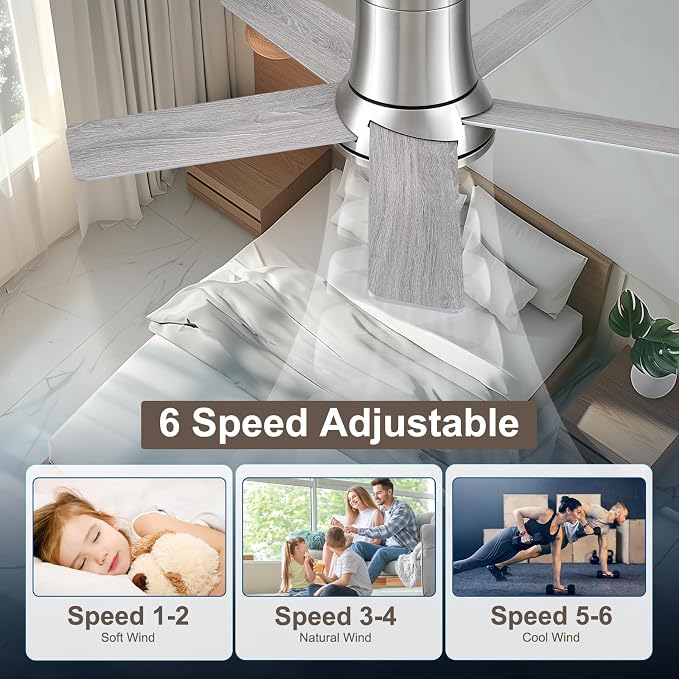 42 Inch Pro Brushed Nickel Flush Mount Ceiling Fans with Lights and Remote | 3CCT Dimmable LED, 6 Speed, Quiet DC Motor, 3-Level Timer Function, Forward/Reserve For all Seasons, Indoor/Covered Outdoor