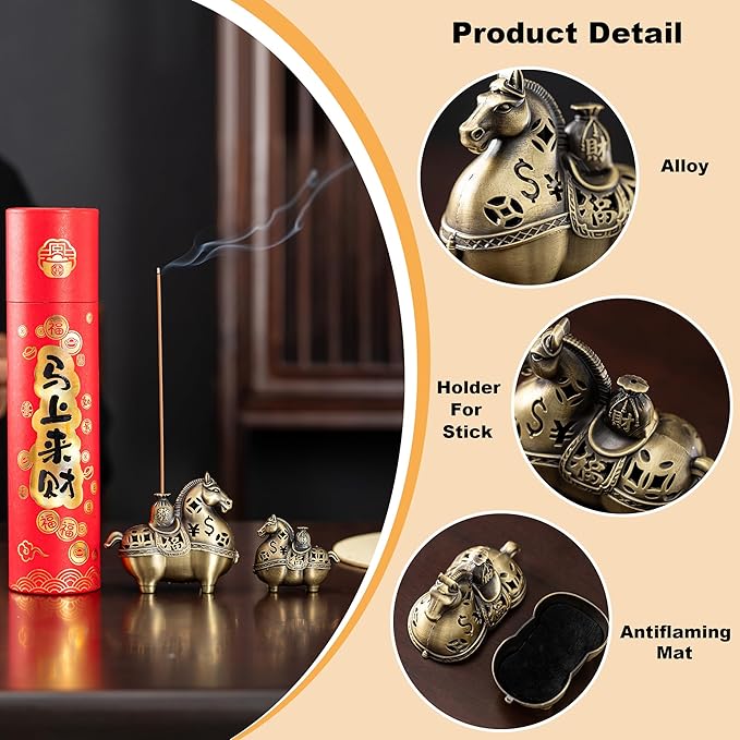 Gallop Toward Prosperity: Alloy Horse Incense Burner Holder-2-in-1 Stick & Coil Incense Tray,Feng Shui Home Decor for Meditation,Yoga,Office (Large)
