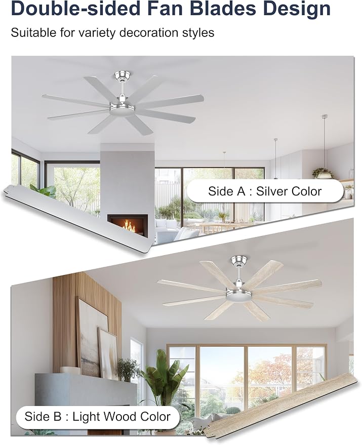60'' Silver Ceiling Fan With No Lights for Indoor/Covered Outdoor | Remote/APP Control, 5980 CFM Airflow, Quiet DC Motor, Reversible Airflow, 8 Blades Modern Overhead Fan for Patio, Garage