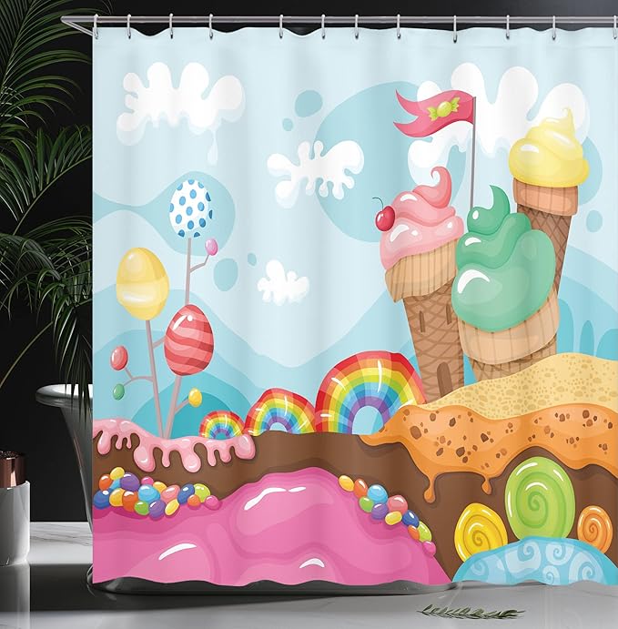 Ambesonne Ice Cream Shower Curtain, Dessert Land Rainbow Candies Lollipop Trees and Cupcake Mountains Cartoon, Cloth Fabric Bathroom Decor Set with Hooks, 69" W x 70" L, Multicolor