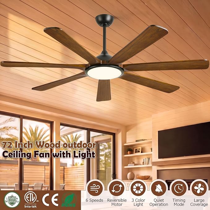 72 inch Solid Wood Smart Ceiling Fan with Lights, Alexa Voice Control,Modern Rustic Farmhouse Outdoor 7-Blade Ceiling Fan for Large Room Patio Gazebo, Damp Rated high air volume, DC motor