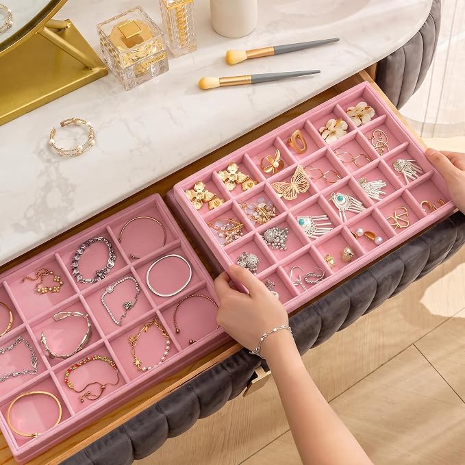 Frebeauty Jewelry Trays for Drawer,Set of 4 Jewelry Organizer and Storage | Velvet Material,Stackable,Adjustable Dividers,Drawer Inserts for Rings Studs Bracelet,Earring Organizer for Women Girls