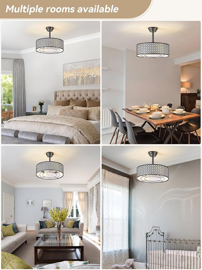 Black Fandelier Ceiling Fan with Light, 20" Caged Boho Ceiling Fans with Lights and Remote, Mid Century with 6 Speeds for Bedroom, Living Room, Nursery