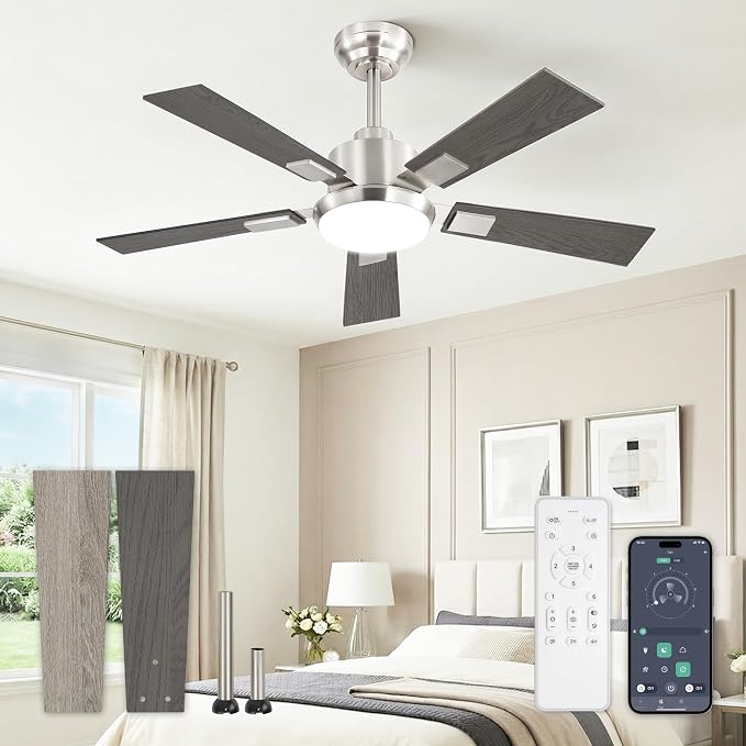 42 Inch Ceiling Fans with Lights and Remote&APP Control, Brushed Nickel Smart Ceiling Fan with 3000-6000K Dimmable, 6 Speeds Reversible, Indoor/Outdoor Ceiling Fan for Bedroom Living Room