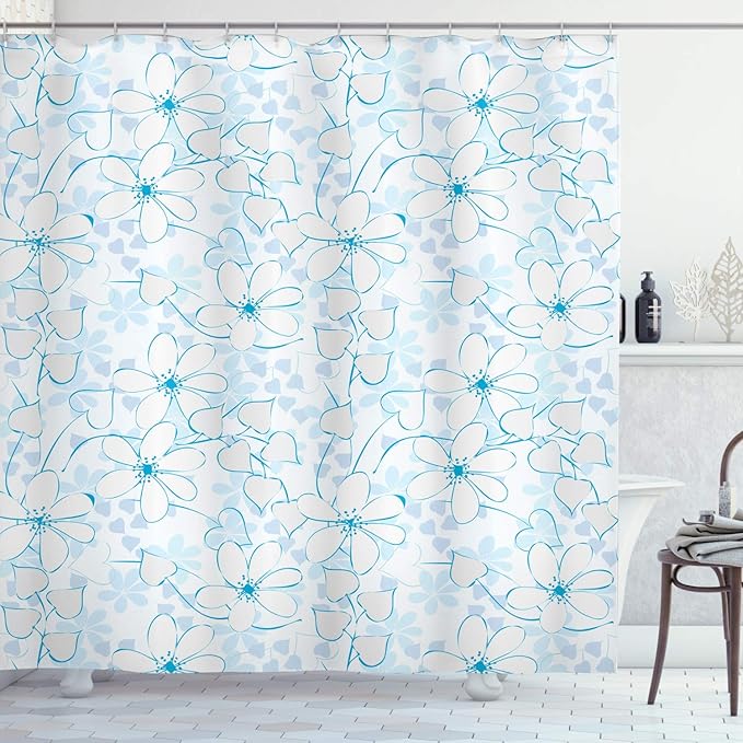 Ambesonne Blue Shower Curtain, Abstract Flowers with Heart Shaped Leaves Romantic Fresh Beauty in Nature, Cloth Fabric Bathroom Decor Set with Hooks, 69" W x 84" L, Pale Blue Aqua White