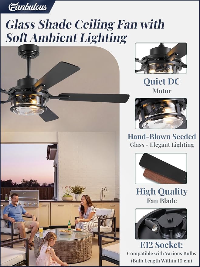 Fanbulous 52 Inch Ceiling Fan with Light and Remote,Downrod Mount Farmhouse Ceiling Fan for Bedroom, Quiet 6-Speed Reversible DC Motor, Rustic Black & Wood Finish Blades