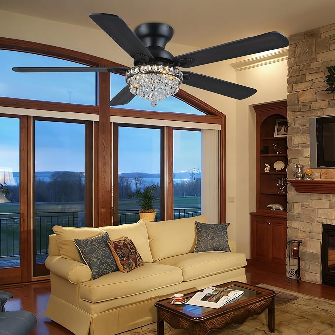 GJeg Crystal Ceiling Fan Fandelier with Lights-Ceiling Fans with Remote Control,Modern Ceiling Fan with Noiseless DC Reversible Motor,Dining Room,Living Room(52" Black)