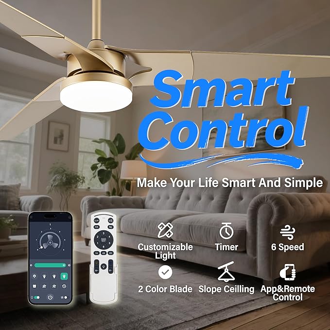 Ceiling Fan with Lights and Remote, 3 Blade App Control Timer Reversible Stepless Brightness and Color Temperature Outdoor Wood Ceiling Fan with Lights (Gold, 52 In)