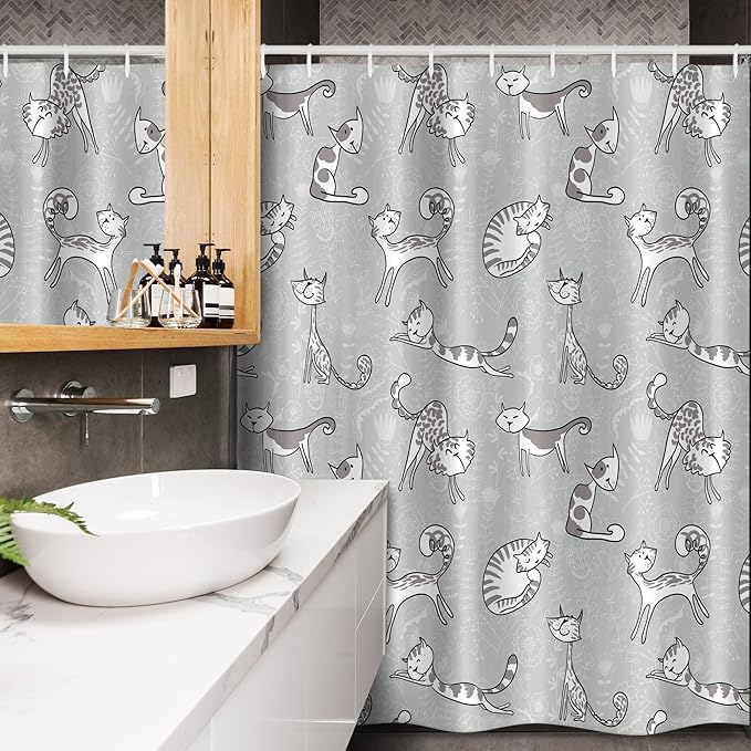 Ambesonne Grey Stall Shower Curtain, Cats Posing Over Floral Background Feline Kitten Kitty Cartoon Art Prints, Fabric Bathroom Decor Set with Hooks, 54" W x 78" L, White