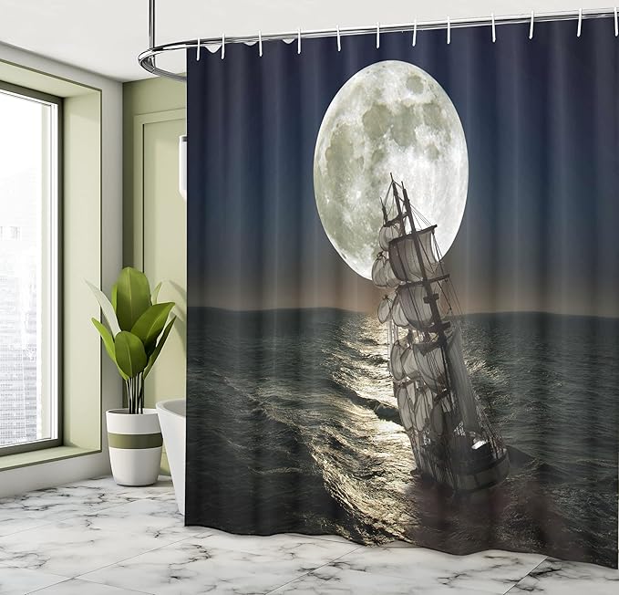 Ambesonne Landscape Shower Curtain, Midnight Moon Stars Fullmoon Eclipse at Night with Pirate Ship Sailing in Ocean, Cloth Fabric Bathroom Decor Set with Hooks, 69" W x 70" L, Multicolor