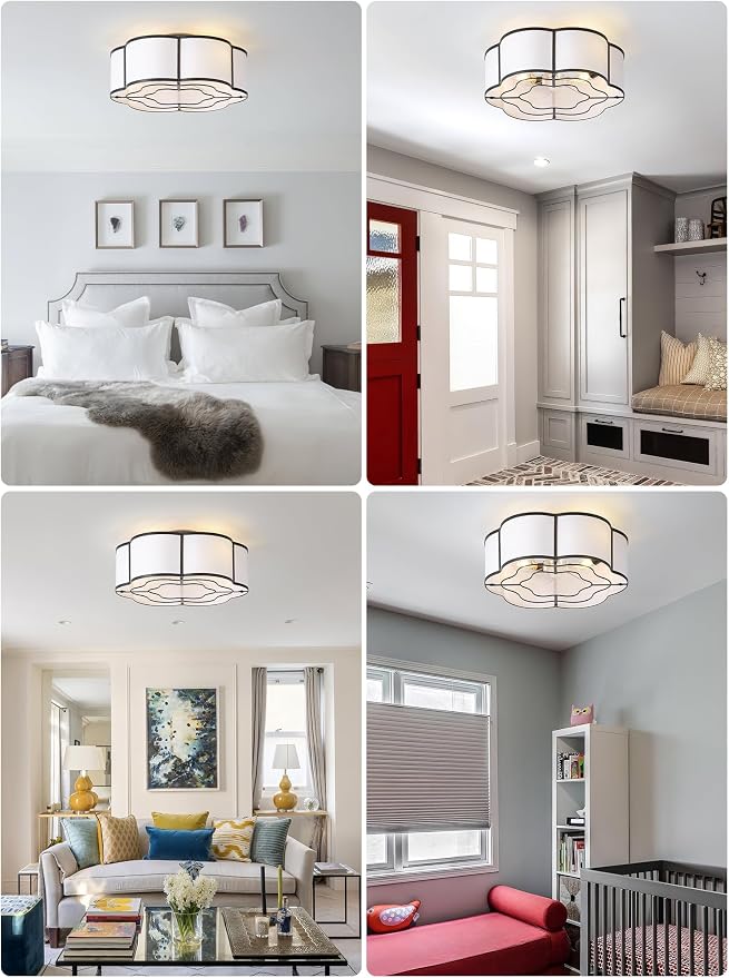 20" Farmhouse Ceiling Fan with Lights Flush Mount, Black Enclosed Ceiling Fans with Lights Remote Control, Caged with 6 Speeds for Bedroom, Living Room, Nursery