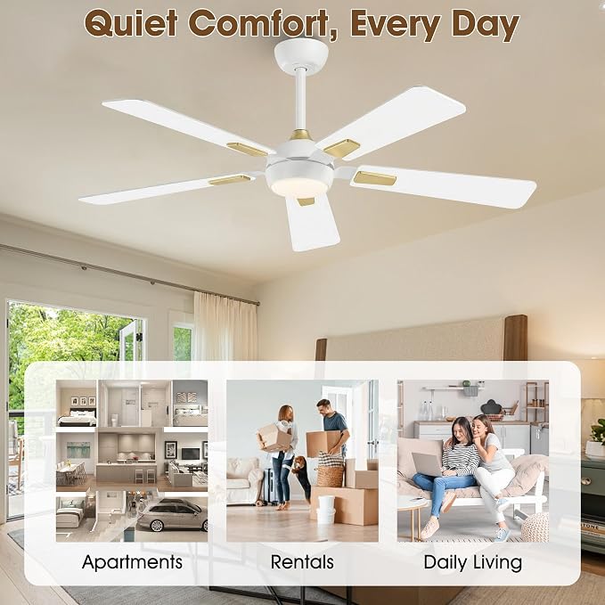 52 Inch White Ceiling Fan with Light and Remote, Modern Ceiling Fan with 6-Speed Reversible Motor, Dimmable LED 3CCT for Bedroom Living Room Apartment