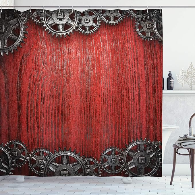 Ambesonne Industrial Shower Curtain, Gear Wheels on The Wooden Background Penal Cogwheel Clockwork Arrangement, Cloth Fabric Bathroom Decor Set with Hooks, 69" W x 75" L, Black Dimgrey
