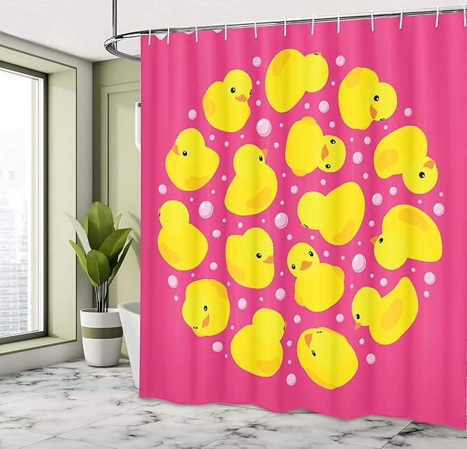 Ambesonne Rubber Duck Shower Curtain, Fun Duckies Circle Pattern Bath Bubbles Animal Print, Cloth Fabric Bathroom Decor Set with Hooks, 69" W x 70" L, Yellow Pink