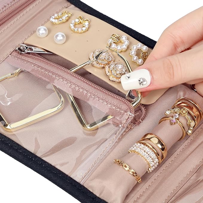BELALIFE Travel Jewelry Case, Jewelry Organizer Roll for Accessories | Bag with foldable roll design for earrings, necklaces, rings, bracelets and brooches, Black