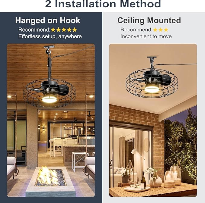 Coolbull 20'' Black Outdoor Ceiling Fans with Light for Gazebos, Patios | IP63 Waterproof, Plug and Play, Remote/APP Control, 3 CCT Dimmable, Enclosed Caged Fan with Hanging Hook