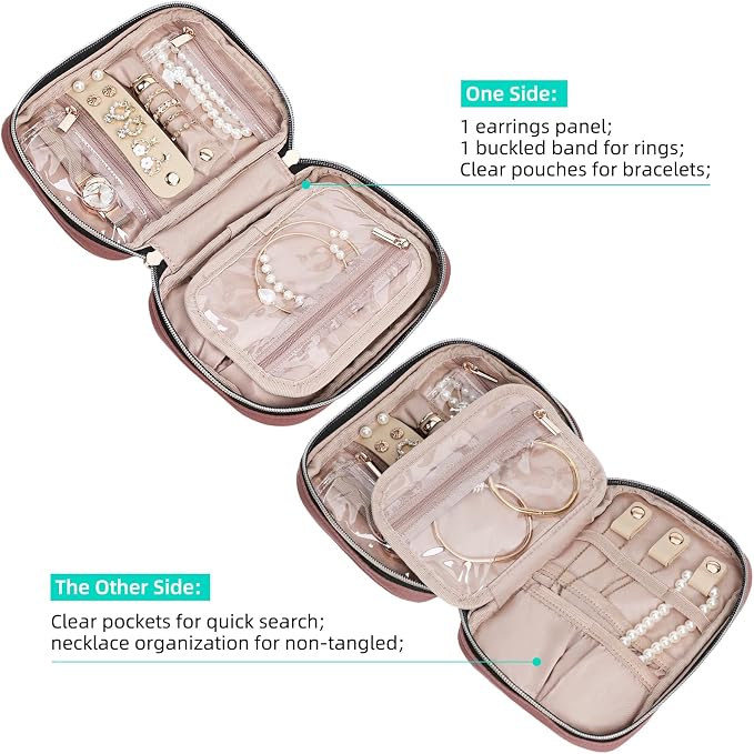 NISHEL Travel Jewelry Case Organizer, Tangle-Free Necklace Storage Bag | Stores rings, earrings, bracelets and watches in a compact case for travel and daily use, Rosewood-Pink, Small