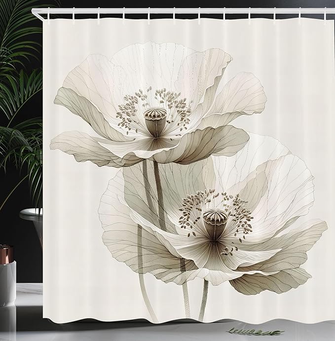 Ambesonne Neutral Shower Curtain, Poppy Flowers in Muted Colors Bloom of Nature Simple and Pure, Cloth Fabric Bathroom Decor Set with Hooks, 69" W x 75" L, Off White and Dark Eggshell