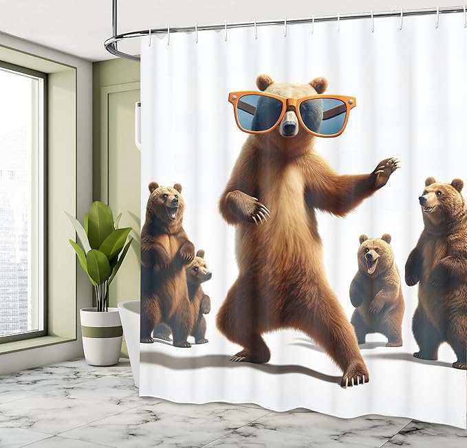 Ambesonne Funny Bear Shower Curtain, Dancing Grizzly with Huge Orange Glasses Cool Pose to Friends Illustration, Cloth Fabric Bathroom Decor Set with Hooks, 69" W x 84" L, Chocolate White