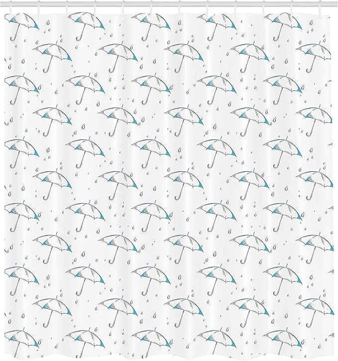 Ambesonne Umbrella Shower Curtain, Repetitive Simple Sketchy Parasol Motif and Rain Drops Fall Autumn Season Themed Artwork Pattern, Cloth Fabric Bathroom Set with Hooks, 69" W x 70" L, White Blue