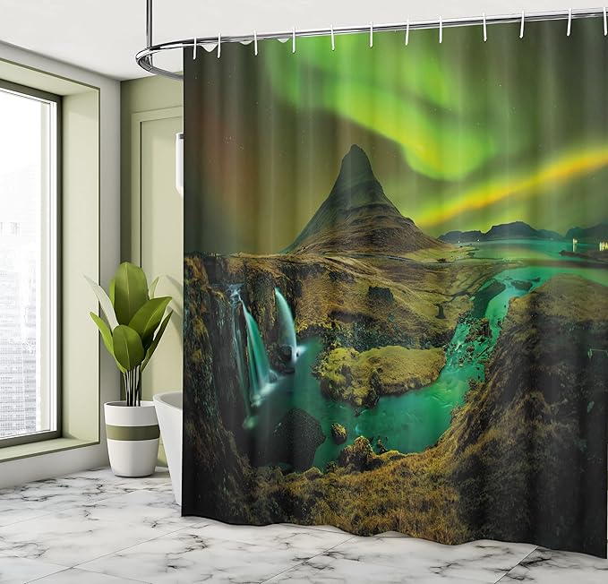 Ambesonne Aurora Borealis Shower Curtain, Pale Weather Over The Hills Waterfall Creek Nature Landscape, Cloth Fabric Bathroom Decor Set with Hooks, 69" W x 75" L, Fern and Olive Green