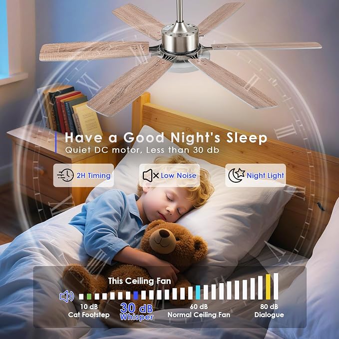 Hounberi 52 Inch Brushed Nickel Ceiling Fan with Light and Remote Control, Reversible DC Motor, Noiseless, Dimmable, 3CCT, 6 Speeds, Modern Ceiling Fan for Living Room, Bedroom, Indoor/Outdoor Use