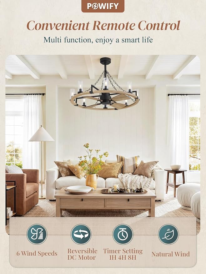 Wagon Wheel Rustic Chandelier Ceiling Fan with Light, 36 inch Farmhouse Caged Ceiling Fans, Dual Finish Blades, Wood Bladeless Fandelier Fan Lights Ceiling Fixtures for Bedroom Kitchen
