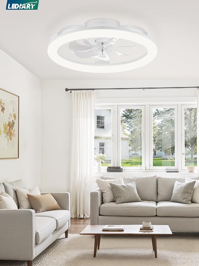 LEDIARY 20 Inch Low Profile Ceiling Fans with Lights and Remote, Dimmable Modern Fan Light(3000K-6000K), 6 Speed, Reversible, APP & Remote Control, Flush Mount Ceiling Fan for Bedroom, White