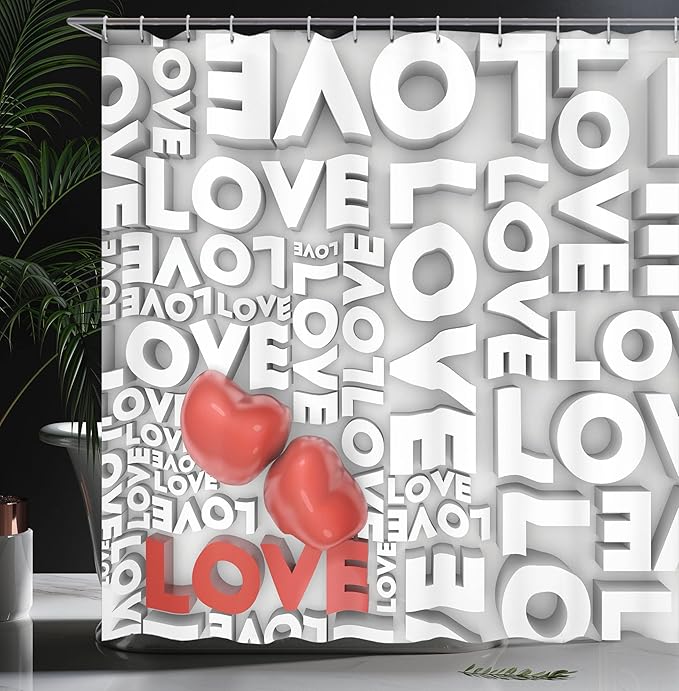 Ambesonne Love Shower Curtain, Macro Big Texts Lettering Setting Passionate Emotions Feelings Sweetheart Design, Cloth Fabric Bathroom Decor Set with Hooks, 69" W x 70" L, Grey Red White