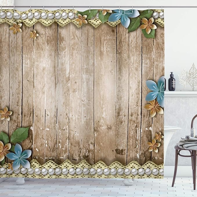 Ambesonne Pearls Shower Curtain, Rustic Wooden Planks Backdrop Flowers Pearls Lace Old Vintage Style Image Print, Cloth Fabric Bathroom Decor Set with Hooks, 69" W x 70" L, Beige Blue