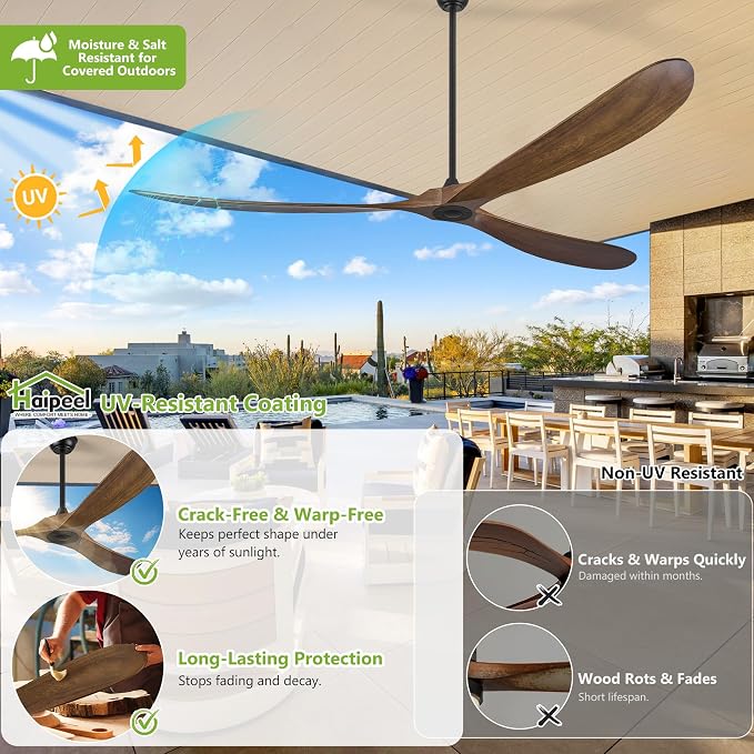 Haipeel Wood Ceiling Fans without Lights, 84 Inch Extra Large Ceiling Fan no Light with Remote, High CFM Indoor Outdoor Ceiling Fan no Light 3 Blade Propeller for Patios Farmhouse Garage, Dark Walnut