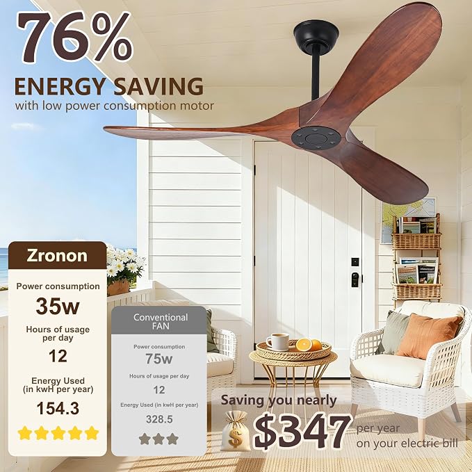 52 Inch Ceiling Fan No Light, Wood Outdoor Ceiling Fans for Patios Living Room Bedroom, Indoor Modern 3 Blade Propeller Wet Rated Ceiling Fan without Lights with Remote (Walnut)