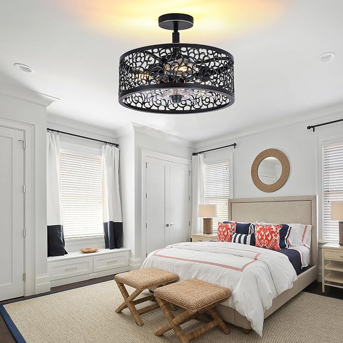 COCOSTAR Farmhouse Chandelier Ceiling Fans with Light:Caged Black Fandelier | Semi Flush Mount,Remote/APP,Sloped Ceiling,15" Rustic Fan with Small Light Fixtures for Living Dining Kitchen Bedroom Foyer
