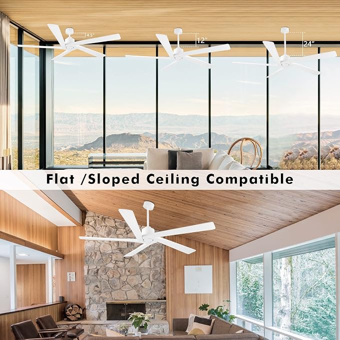 WINGBO 72 Inch DC Ceiling Fan No Light with 3 Downrods, 5 Reversible Carved Solid Wood Blades, 6-Speed Noiseless DC Motor, Ceiling Fan without Lights in White Finish, ETL Listed
