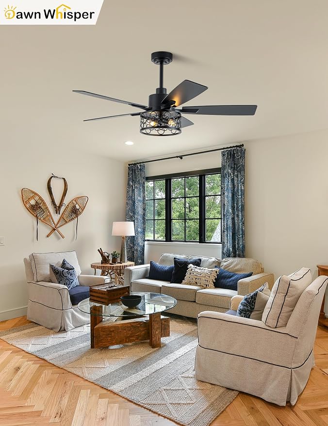 Dawn Whisper 52 Inch Farmhouse Ceiling Fans with Lights and Remote Quiet and Reversible DC Motor Black Industrial Rustic Caged Ceiling Fan for Bedroom Living Room Covered Patio (12-Black)