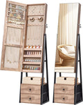 Nicetree Jewelry Cabinet Armoire with 2 Drawers, Standing Jewelry Mirror Cabinet, Full Length Mirror with Jewelry Storage, Lockable Jewelry Organizer with Mirror, Oak