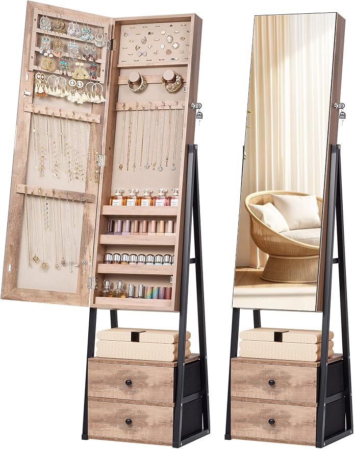 Nicetree Jewelry Cabinet Armoire with 2 Drawers, Standing Jewelry Mirror Cabinet, Full Length Mirror with Jewelry Storage, Lockable Jewelry Organizer with Mirror, Oak