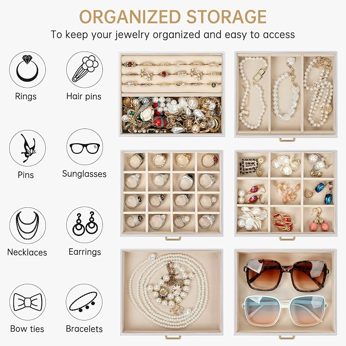 AKOZLIN 6-Tier Jewelry Box Organizer Functional 5 Drawers Leather Jewelry Storage Case for Women Girls Ring Necklace Earring Bracelet Holder Organizer with Mirror Medium White