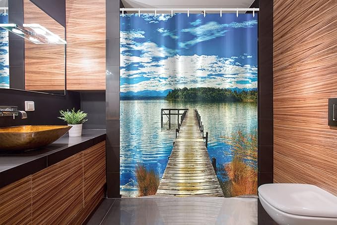 Ambesonne Beach Stall Shower Curtain, Countryside with Lake Trees Pier Cloudy Summer Sky Water Reflection Rural, Fabric Bathroom Decor Set with Hooks, 54" W x 78" L, Green Orange