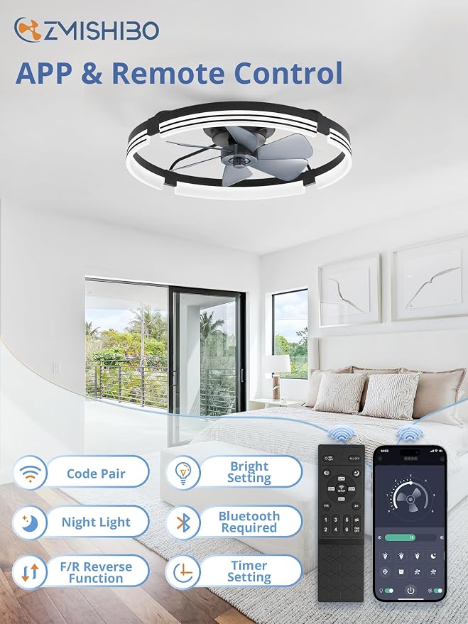 ZMISHIBO 24 Inch Low Profile Ceiling Fans with Lights and Remote, 3000K-6000K Dimmable Fandelier LED Fan Light, Flush Mount Ceiling Fan with Light, 6 Wind Speeds Ceiling Fans for Bedroom- Black