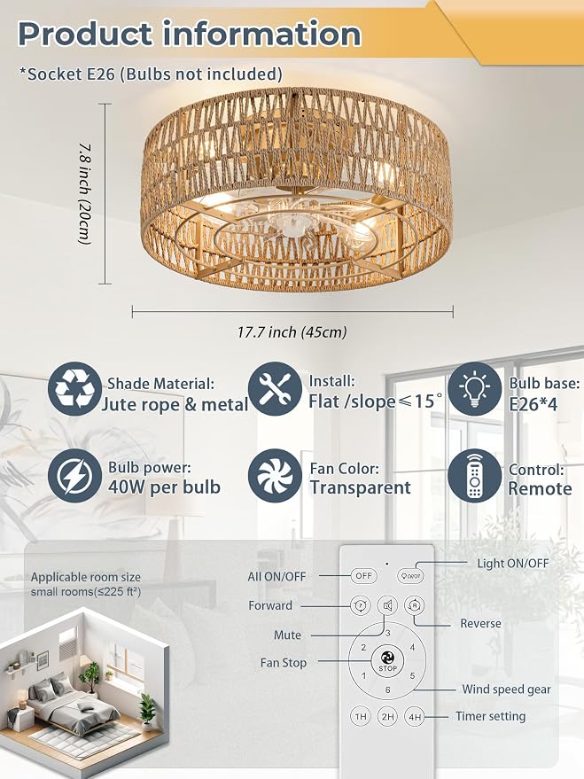 Boho Caged Ceiling Fans with Lights Flush Mount, Hand-Woven Rattan Ceiling Fans with Light and Remote Control, Enclosed Timing 6 Speeds Reversible for Living Room Bedroom Dining Room