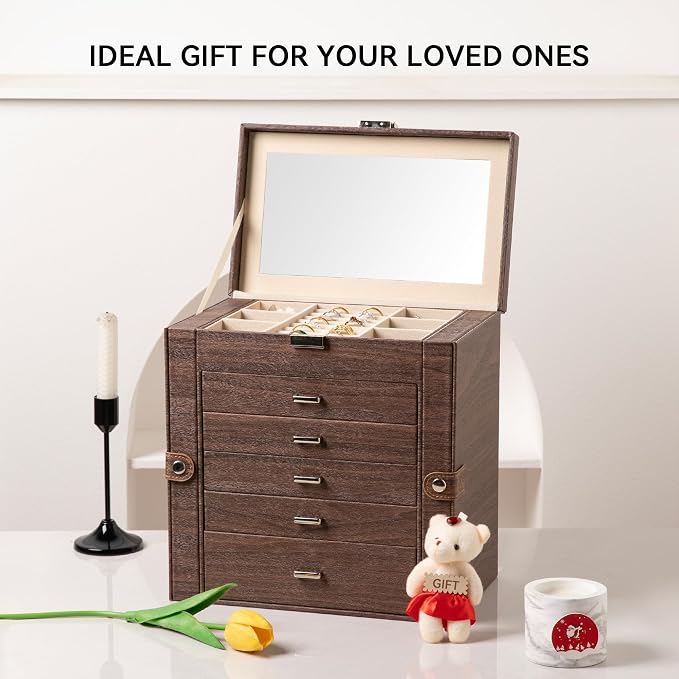 Frebeauty 6-Layer Jewelry Box for Women,Large Jewelry Organizer with Drawer | Faux Leather,Built-in Mirror,Spacious Jewelry Storage,16 Necklace Hooks,Organizing by Category for Rings Earrings Bracelet