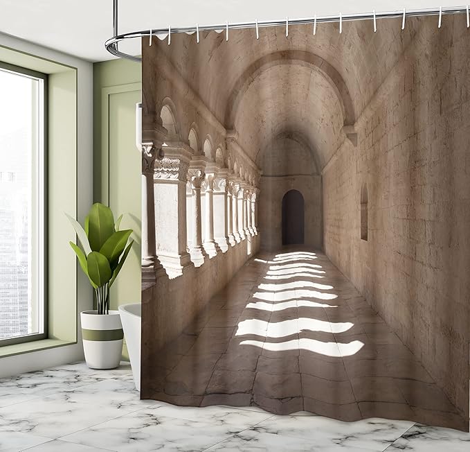 Ambesonne Medieval Shower Curtain, France Provence Senanque Abbey and Corridor of Antique Archaic Ruins Landmark Classic Style of a, Cloth Fabric Bathroom Decor Set with Hooks, 69" W x 70" L, Beige