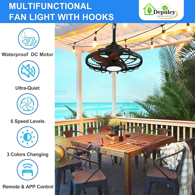 Depuley Gazebo Fans Outdoor Hanging: 20 Inch Black and Walnut Plug In Caged Outdoor Fan with Light and APP Remote Control - Waterproof Ceiling Fan for Patio Porch Pergola Reversible DC Motor
